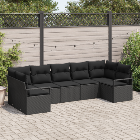 Set de Sofá de Jardín de 7 Piezas con Cojines Negro Poliratán