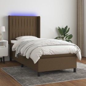 Cama box spring colchón y luces LED tela marrón oscuro 90x190cm en Camas y somieres | Comprar online en Foro24