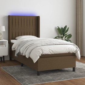 Cama box spring colchón y luces LED tela marrón oscuro 90x200cm en Camas y somieres | Comprar online en Foro24