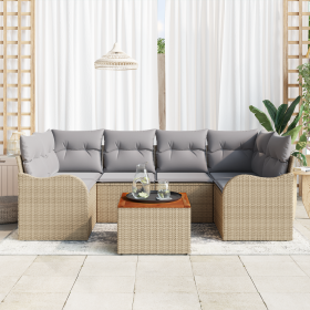 Juego de Sofá de Jardín de 7 Piezas con Cojines Beige Poliratán
