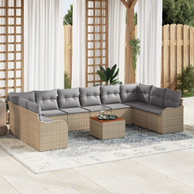Juego de Sofá de Jardín de 11 Piezas con Cojines Beige Ratán Poliéster Acacia de , Sofás de exterior - Ref: Foro24-3356173, P...