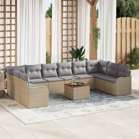Juego de Sofá de Jardín de 11 Piezas con Cojines Beige Ratán Poliéster Acacia de , Sofás de exterior - Ref: Foro24-3356173, P...