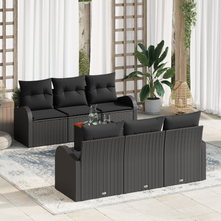 Juego de Sofás de Jardín de 7 Piezas con Cojines de Poliratán Negro Acacia | Foro24.es | Tu tienda online para hogar, jardín y más Foro24.es