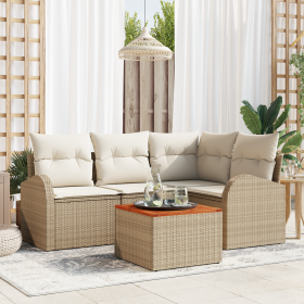 Juego de Sofá de Jardín de 5 Piezas con Cojines Beige Ratán Poli Acacia de , Sofás de exterior - Ref: Foro24-3356244, Precio:...