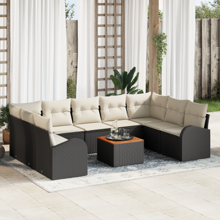 Juego de Sofás de Jardín de 10 Piezas con Cojines en Negro Poliratán Acacia | Foro24.es | Tu tienda online para hogar, jardín y más Foro24.es