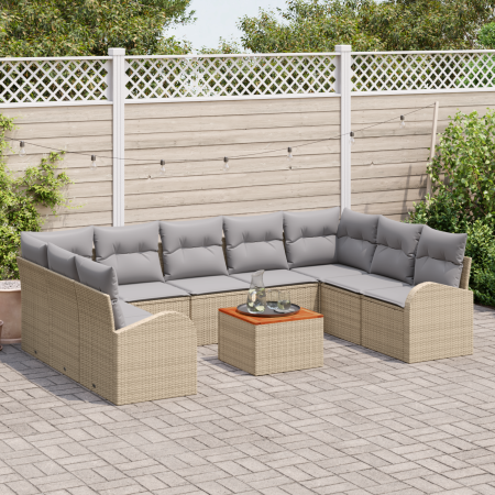 Juego de Sofá de Jardín  de 10 Piezas con Cojines Beige Ratán Poli Acacia | Foro24.es | Tu tienda online para hogar, jardín y más Foro24.es