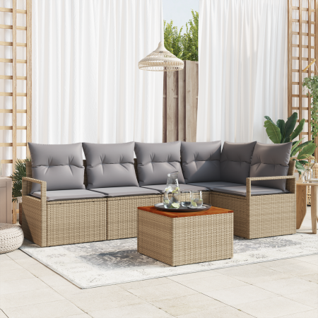 Juego de Sofás de Jardín de 6 Piezas con Cojines Beige Ratán Poliéster Acacia de , Sofás de exterior - Ref: Foro24-3356376, P...