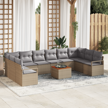 Juego de Sofá de Jardín de 11 Piezas con Cojines Beige de Poliratán y Acacia von , Outdoor-Sofas - Ref: Foro24-3356425, Preis...