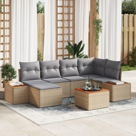 Juego de Sofá de Jardín de 7 Piezas con Cojines Beige de Poliratán y Acacia de , Sofás de exterior - Ref: Foro24-3356795, Pre...