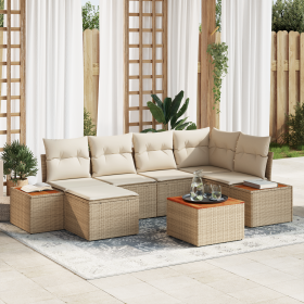 Conjunto de Sofá de Jardín de 7 Piezas con Cojines Beige Ratán Poli Acacia von , Outdoor-Sofas - Ref: Foro24-3356796, Preis: ...