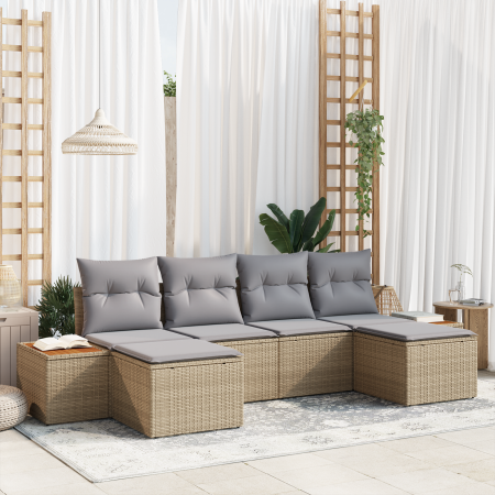 Set de Sofás de Jardín de 6 Piezas con Cojines Beige Ratán Poliéster Acacia de , Sofás de exterior - Ref: Foro24-3356810, Pre...