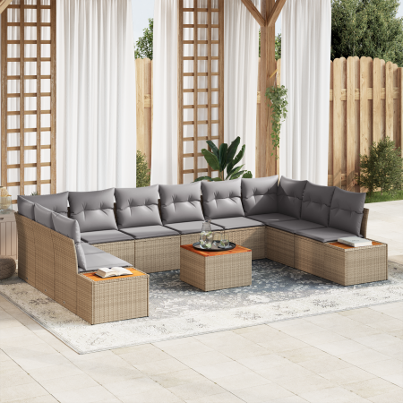 Conjunto de Sofá de Jardín de 11 Piezas con Cojines Beige Rattán Poliéster Acacia de , Sofás de exterior - Ref: Foro24-335685...