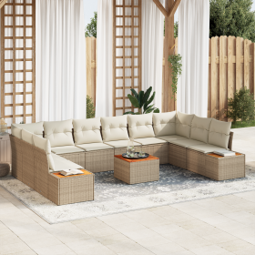 Conjunto de Sofá de Jardín de 11 Piezas con Cojines Beige de Rattan Poliéster de , Sofás de exterior - Ref: Foro24-3356851, P...