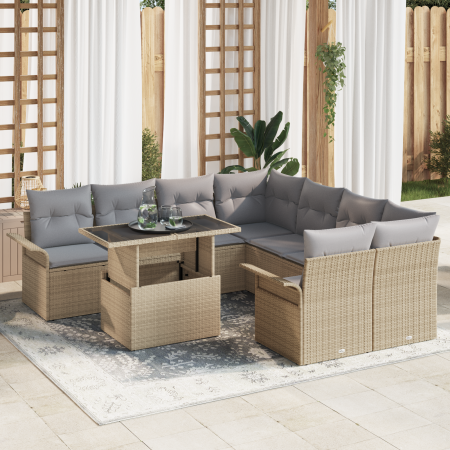 Set de Sofá de Jardín de 9 Piezas con Cojines Beige de Ratán Polimérico | Foro24.es | Tu tienda online para hogar, jardín y más Foro24.es