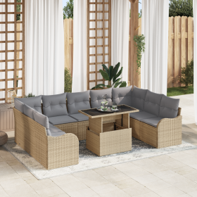 Conjunto de Sofás de Jardín de 10 Piezas con Cojines Beige de Ratán Poli de , Sofás de exterior - Ref: Foro24-3357263, Precio...