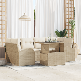 Juego de Sofá de Jardín de 7 Piezas con Cojines Beige Ratán Poliéster de , Sofás de exterior - Ref: Foro24-3357314, Precio: 6...