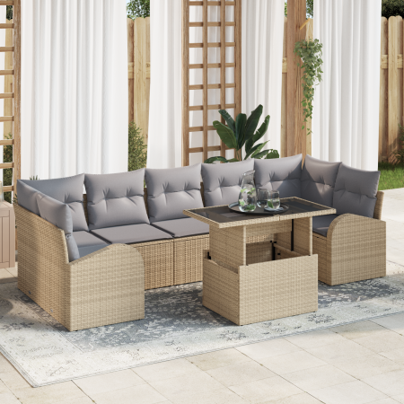 Juego de Sofás de Jardín de 8 Piezas con Cojines Beige Ratán Poliéster de , Sofás de exterior - Ref: Foro24-3357333, Precio: ...