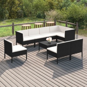 Set de muebles de jardín 9 pzas y cojines ratán sintético negro