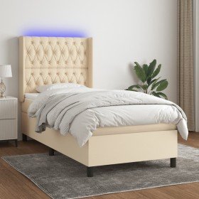 Cama box spring colchón y luces LED tela color crema 90x190 cm Cama box spring colchón y luces LED tela color crema 90x190 cm
