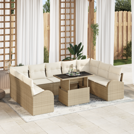 Conjunto de Sofá de Jardín de 10 Piezas con Cojines Beige Ratán Poliéster de , Sofás de exterior - Ref: Foro24-3357444, Preci...