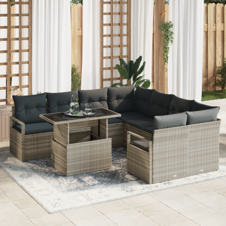 Conjunto de Sofá de Jardín de 9 Piezas con Cojines Gris Claro Poliratán de , Sofás de exterior - Ref: Foro24-3357535, Precio:...
