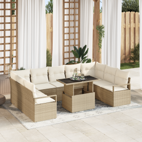 Juego de Sofá de Jardín de 10 Piezas con Cojines Beige de Ratán Poly de , Sofás de exterior - Ref: Foro24-3357624, Precio: 81...