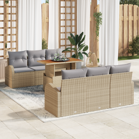 Conjunto de Sofás de Jardín de 7 Piezas con Cojines Beige Ratán Poliéster de , Sofás de exterior - Ref: Foro24-3358268, Preci...