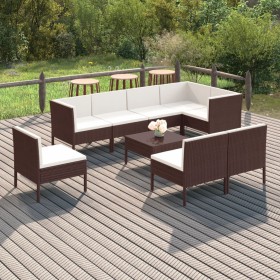 Set muebles de jardín 9 pzas y cojines ratán sintético marrón