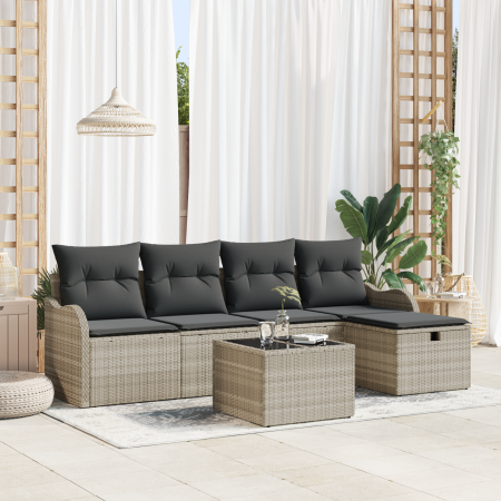 Conjunto de Sofá de Jardín de 6 Piezas con Cojines de Ratán Poliéster Gris Claro de , Sofás de exterior - Ref: Foro24-3358971...