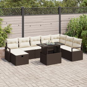 Conjunto de Sofá de Jardín de 9 Piezas con Cojines Marrón Poli Ratan de , Sofás de exterior - Ref: Foro24-3359815, Precio: 60...