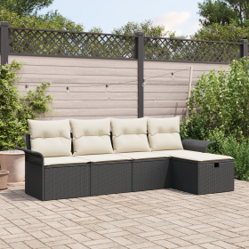 Set de Sofá de Jardín de 5 Piezas con Cojines Ratán Poliéster Negro de , Sofás de exterior - Ref: Foro24-3360188, Precio: 326...