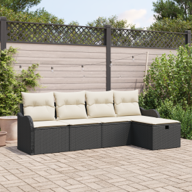 Conjunto de sofá de jardín de 5 piezas con cojines negro ratán de poliéster de , Sofás de exterior - Ref: Foro24-3360288, Pre...