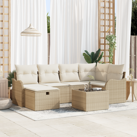 Set de Sofá de Jardín de 7 Piezas con Cojines Beige Ratán Poliéster de , Sofás de exterior - Ref: Foro24-3360322, Precio: 510...