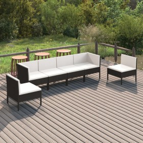 Set de muebles de jardín 6 pzas y cojines ratán sintético negro