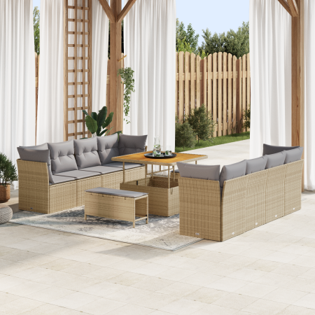 Conjunto de Sofá de Jardín de 11 Piezas con Cojines Beige Ratán Poliéster Acacia de , Sofás de exterior - Ref: Foro24-3361467...