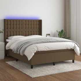 Cama box spring colchón luces LED tela marrón oscuro 140x200cm Cama box spring colchón luces LED tela marrón oscuro 140x200cm