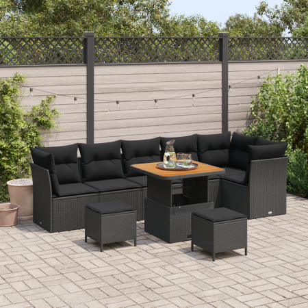 Set de Sofá de Jardín  de 9 Piezas con Cojines Negro Ratán Polipropileno Acacia | Foro24.es | Tu tienda online para hogar, jardín y más Foro24.es