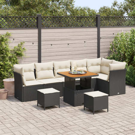 Set de Sofá de Jardín de 9 Piezas con Cojines Ratán Negro Poli Acacia de , Sofás de exterior - Ref: Foro24-3361500, Precio: 5...