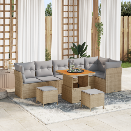 Conjunto de Sofá de Jardín de 9 Piezas con Cojines Beige de Polirratan Acacia de , Sofás de exterior - Ref: Foro24-3361502, P...