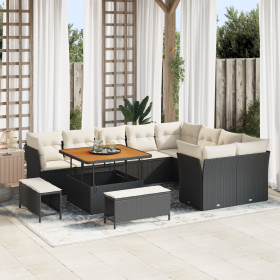 Conjunto de Sofá de Jardín de 12 Piezas con Cojines Ratán Poly Negra Acacia de , Sofás de exterior - Ref: Foro24-3361515, Pre...