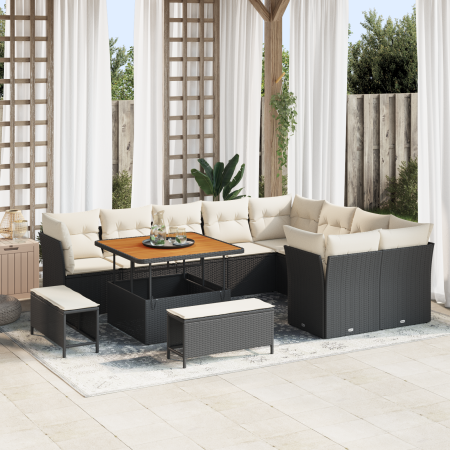 Conjunto de Sofá de Jardín de 12 Piezas con Cojines Ratán Poly Negra Acacia de , Sofás de exterior - Ref: Foro24-3361515, Pre...