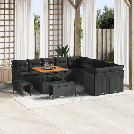 Conjunto de Sofá de Jardín de 13 Piezas con Cojines Negros de Poliratán y Acacia de , Sofás de exterior - Ref: Foro24-3361534...