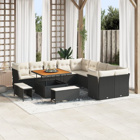 Conjunto de Sofá de Jardín de 13 Piezas  con Cojines Negro Poliratán Acacia | Foro24.es | Tu tienda online para hogar, jardín y más Foro24.es