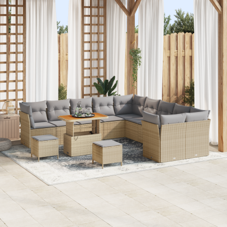 Conjunto de Sofá de Jardín de 13 Piezas con Cojines Beige de Poliratán y Acacia de , Sofás de exterior - Ref: Foro24-3361547,...