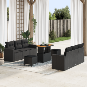 Conjunto de Sofá de Jardín de 9 piezas con Cojines Negro Ratán Poliéster Acacia de , Sofás de exterior - Ref: Foro24-3361569,...