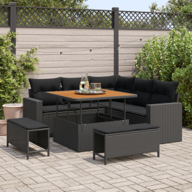 Conjunto de Sofás de Jardín de 8 piezas con Cojines Negro Polirratán Acacia de , Sofás de exterior - Ref: Foro24-3361604, Pre...