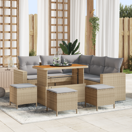 Juego de Sofá de Jardín de 9 Piezas con Cojines Beige Poliratán Acacia de , Sofás de exterior - Ref: Foro24-3361622, Precio: ...