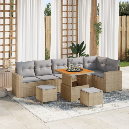 Juego de Sofá de Jardín de 9 Piezas con Cojines Beige de Ratán Poli Acacia de , Sofás de exterior - Ref: Foro24-3361632, Prec...