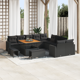 Conjunto de sofá de jardín de 13 piezas con cojines de poliratán negro y acacia de , Sofás de exterior - Ref: Foro24-3361664,...