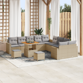 Conjunto de sofá de jardín de 13 piezas con cojines Beige Ratán Poli Acacia de , Sofás de exterior - Ref: Foro24-3361672, Pre...